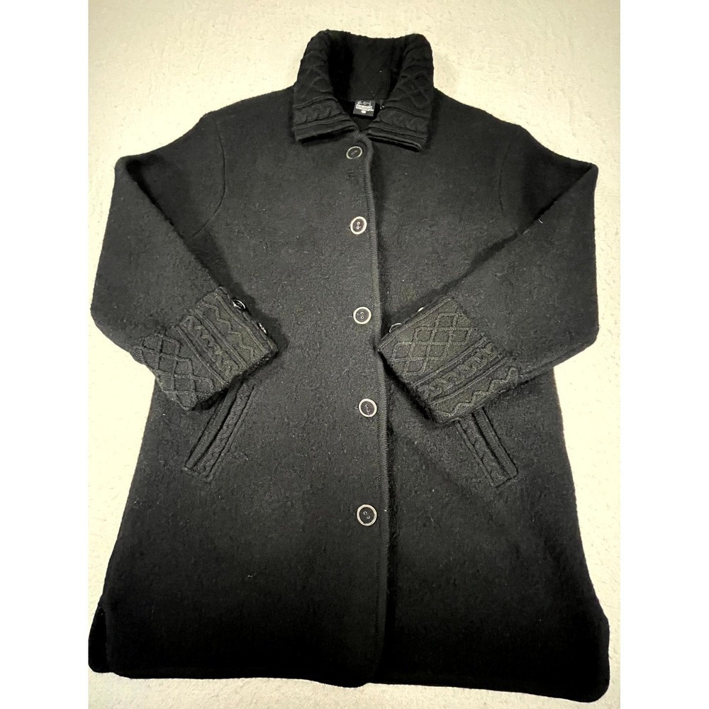 Nordic Design Wool Coat Womens XL Black Knit‎ Cuffs Collared Button Front Winter